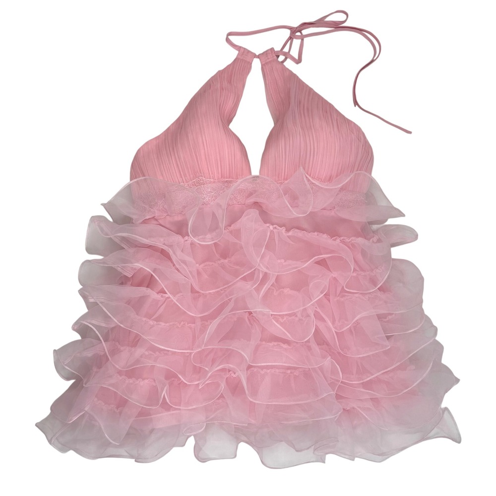Loragal Pink Ruffle Tiered Halter Top Pleated Lace Trim Mini Dress Lined XL NEW